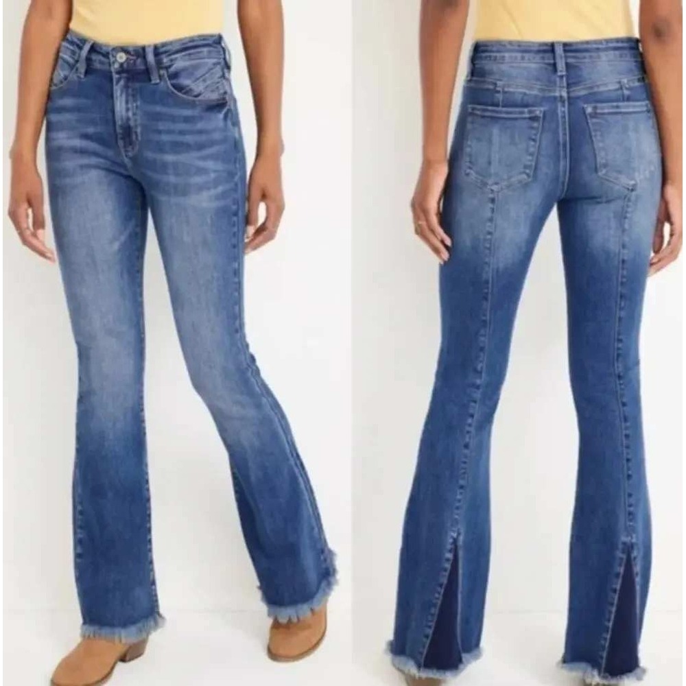 Kancan Flare Jeans Women's Sz 30 Blue Raw Hem Back Slit High Rise 154935